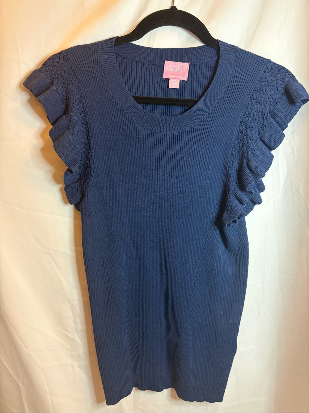 Muse Blue Ruffle Sleeve Knit Tank Top